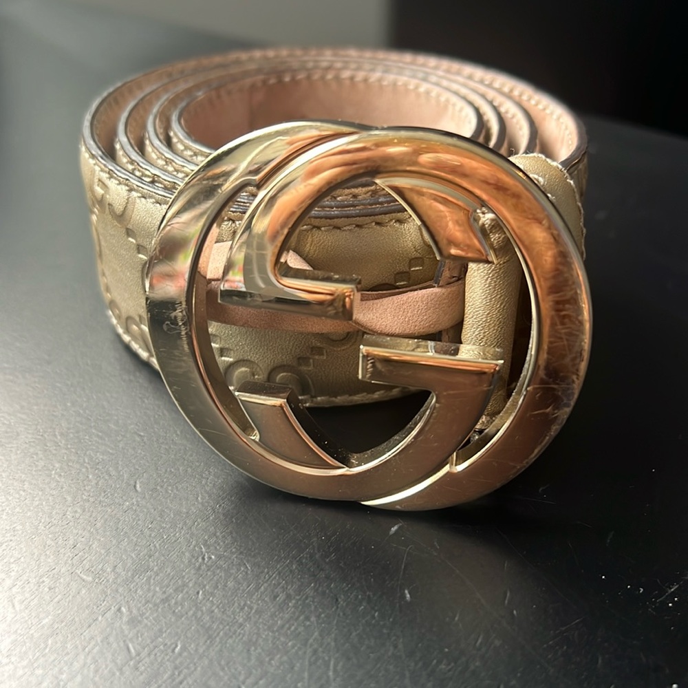 Gucci US 34/ 85 GG Leather Belt GOLD model 480199  *PREOWNED*